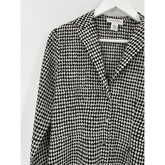 Rena Rowan Vintage Blouse Womens 6 Black White Grid Diamond Long Sleeve Top - Picture 8 of 16